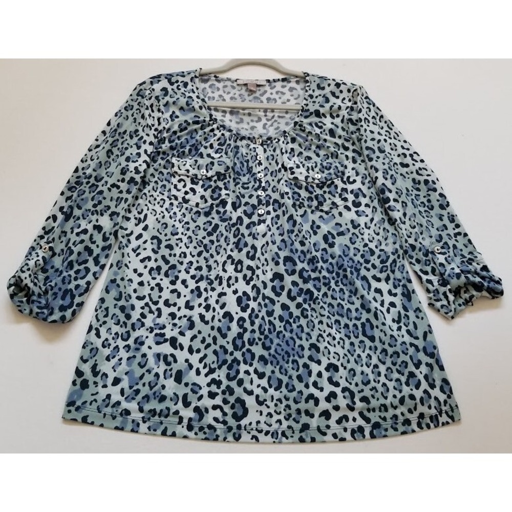 Roz & Ali Blouse Women's Large L Leopard Animal Print ¾ Sleeves Scoopneck Top